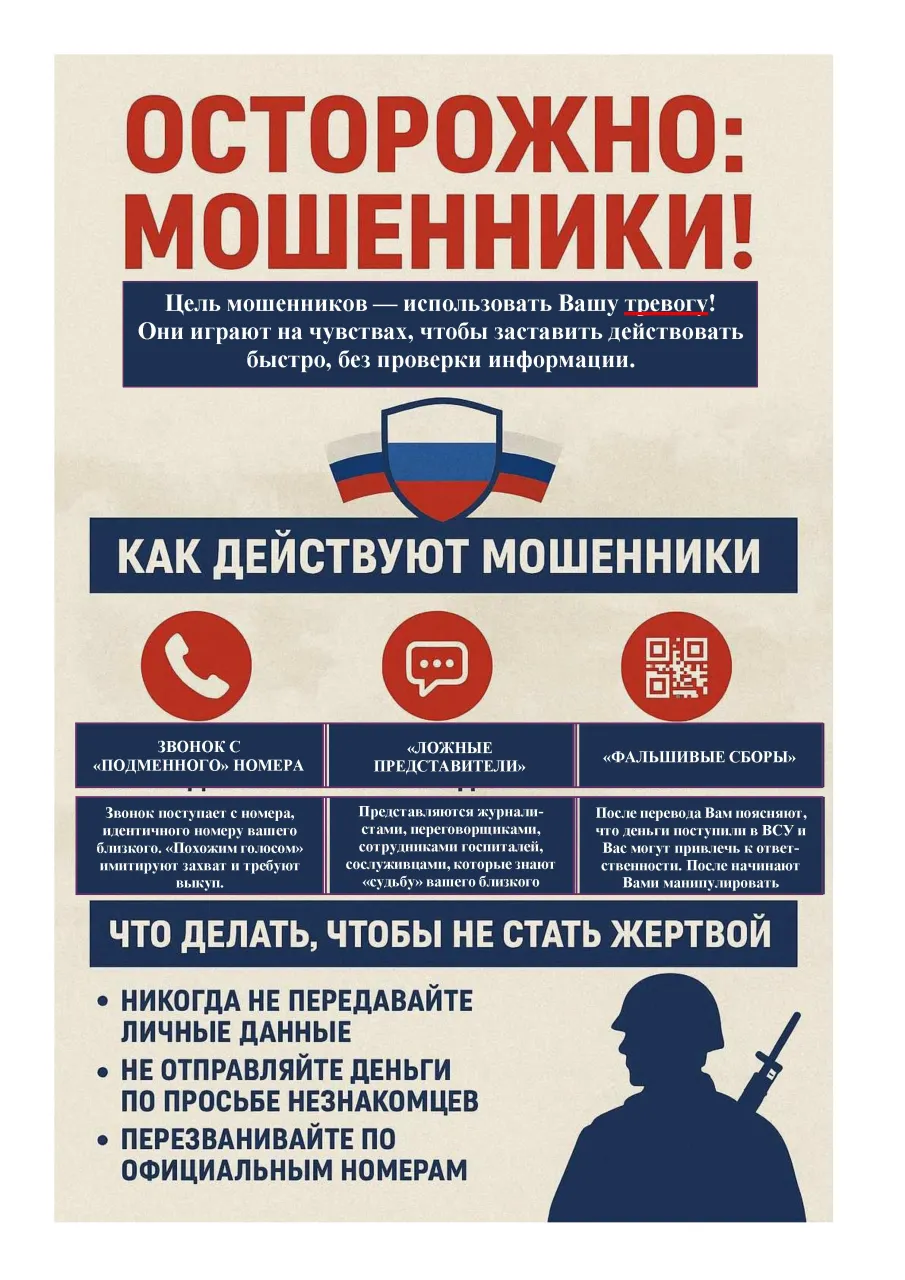 Информация о необходимых действиях при попытке совершения мошенничеств в отношении родственников погибших военнослужащих, демобилизованных по ранению, а также военнослужащих, находящихся в отпусках